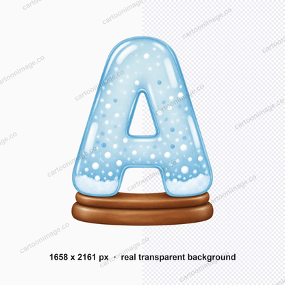 Close-up of one snow globe letter showing the soft dome sheen, #6FA8C7 rim, varied white snow flecks and the rounded wooden base.