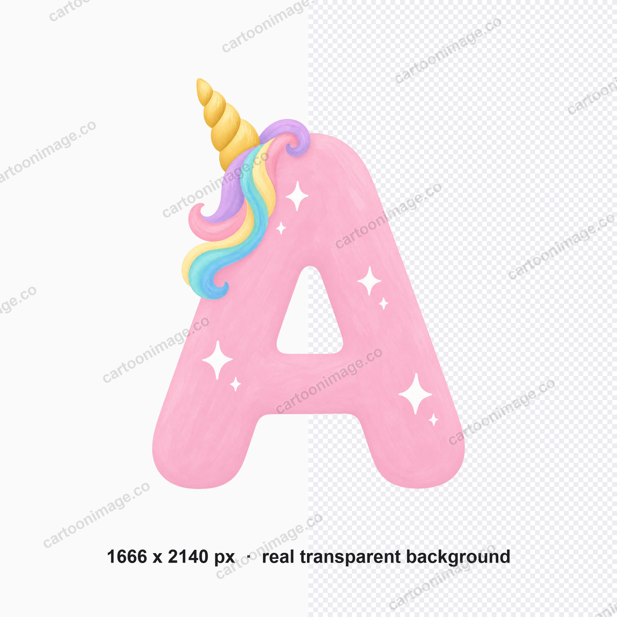 Close-up of a single letter showing the spiralled #F2C75C gold horn emerging from the top-left, a soft pastel rainbow tuft and three to five tiny four-point star sparkles.