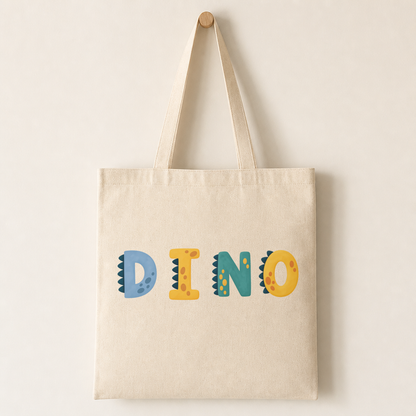 Canvas tote bag printed with a single Dino Spikes letter on the centre panel