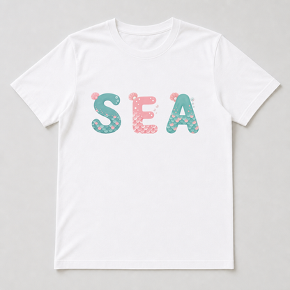 White t-shirt mockup showing a mermaid alphabet letter printed on the chest with scallop-shaped scales, a pink shell and tiny bubbles.