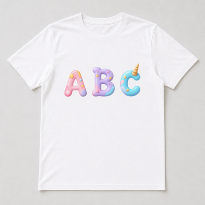 White t-shirt mock-up with a unicorn-themed capital letter printed on the chest showing the gold horn, pastel rainbow tuft and sparkles.