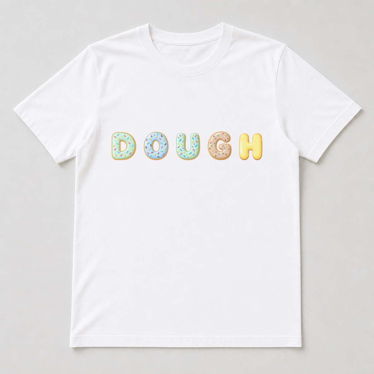 White t-shirt featuring a large doughnut letter print with glossy icing, sprinkles and fruity confetti around the central hole