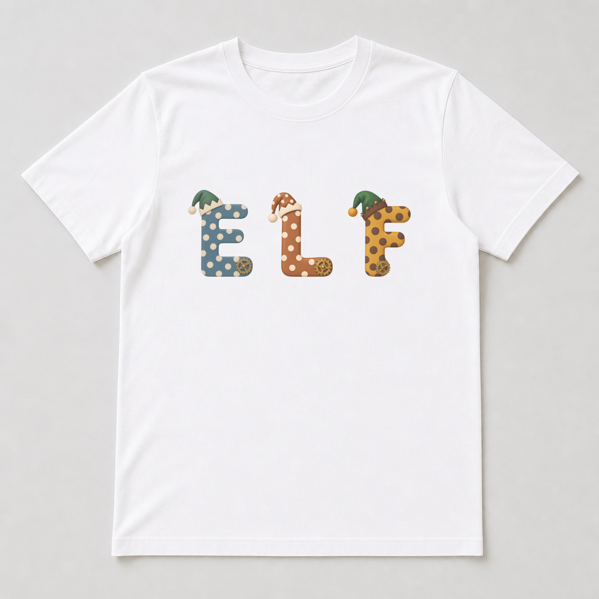 A white t-shirt with a printed striped elf workshop letter character placed on the chest.