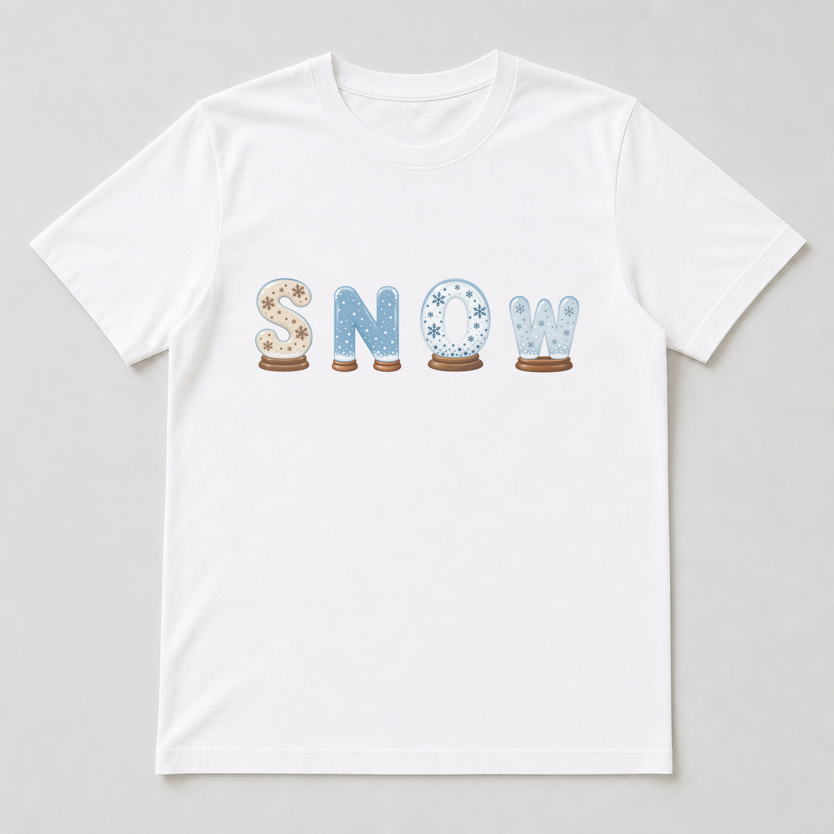 White t-shirt with a snow globe numeral printed on the chest, showing colour and scale.