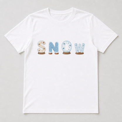 White t-shirt with a snow globe numeral printed on the chest, showing colour and scale.