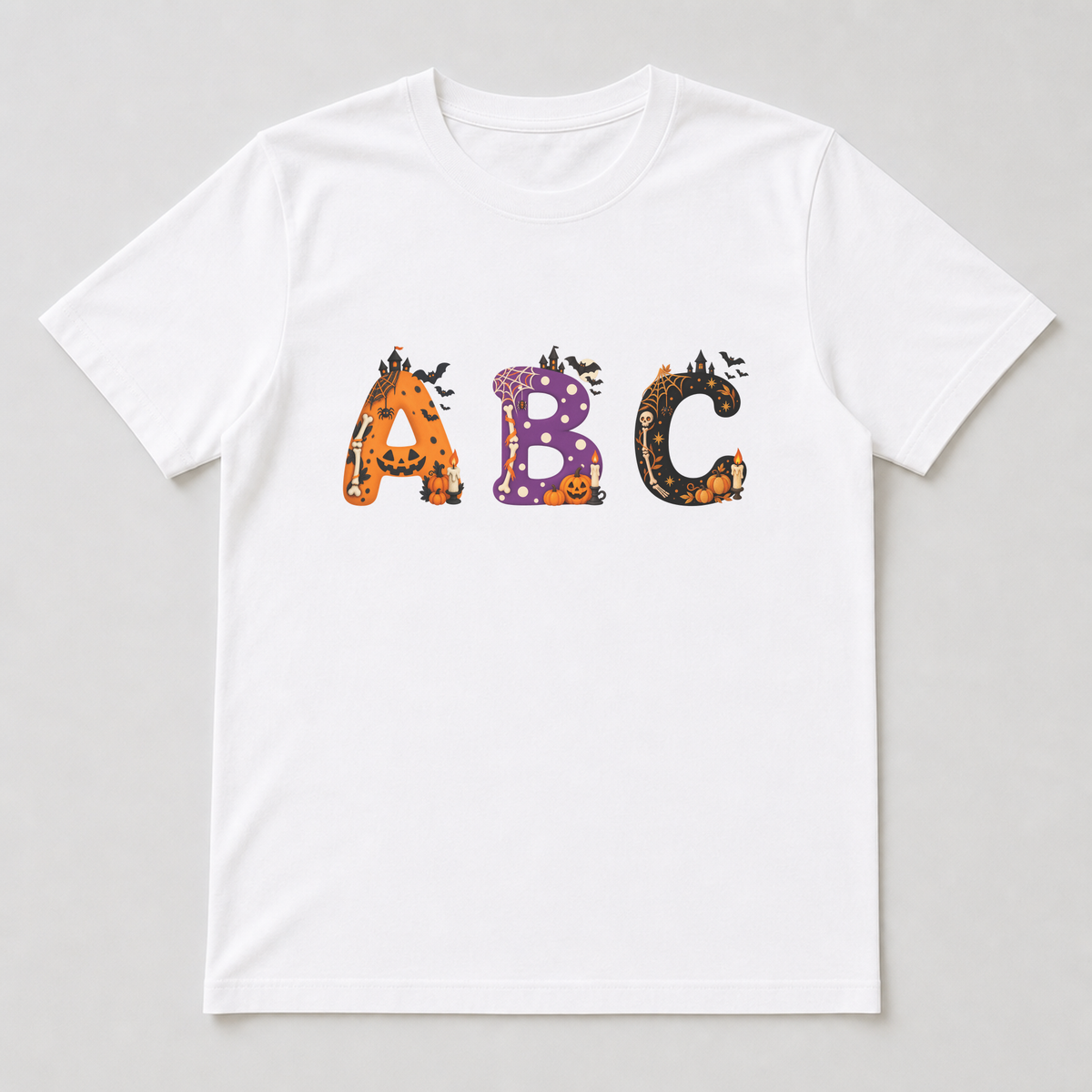 White t-shirt with a row of Mina characters printed on the chest and bats fluttering across the top-right of the design.