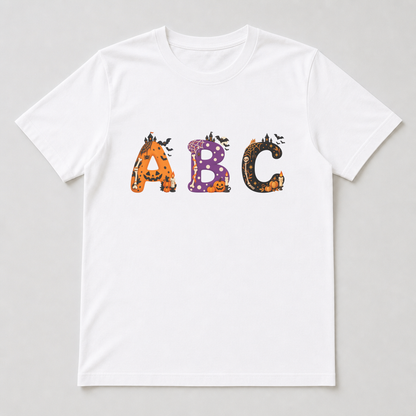 White t-shirt with a row of Mina characters printed on the chest and bats fluttering across the top-right of the design.