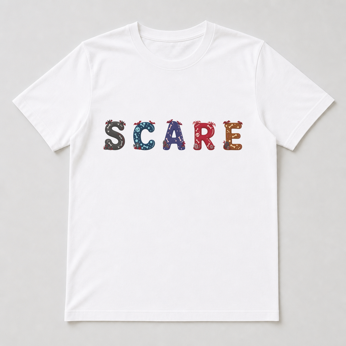 White t-shirt with several characters printed on the chest area featuring tiny bats, mini tombstones and stitched scar marks.