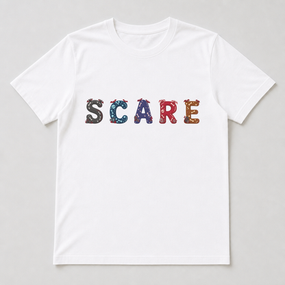 White t-shirt with several characters printed on the chest area featuring tiny bats, mini tombstones and stitched scar marks.