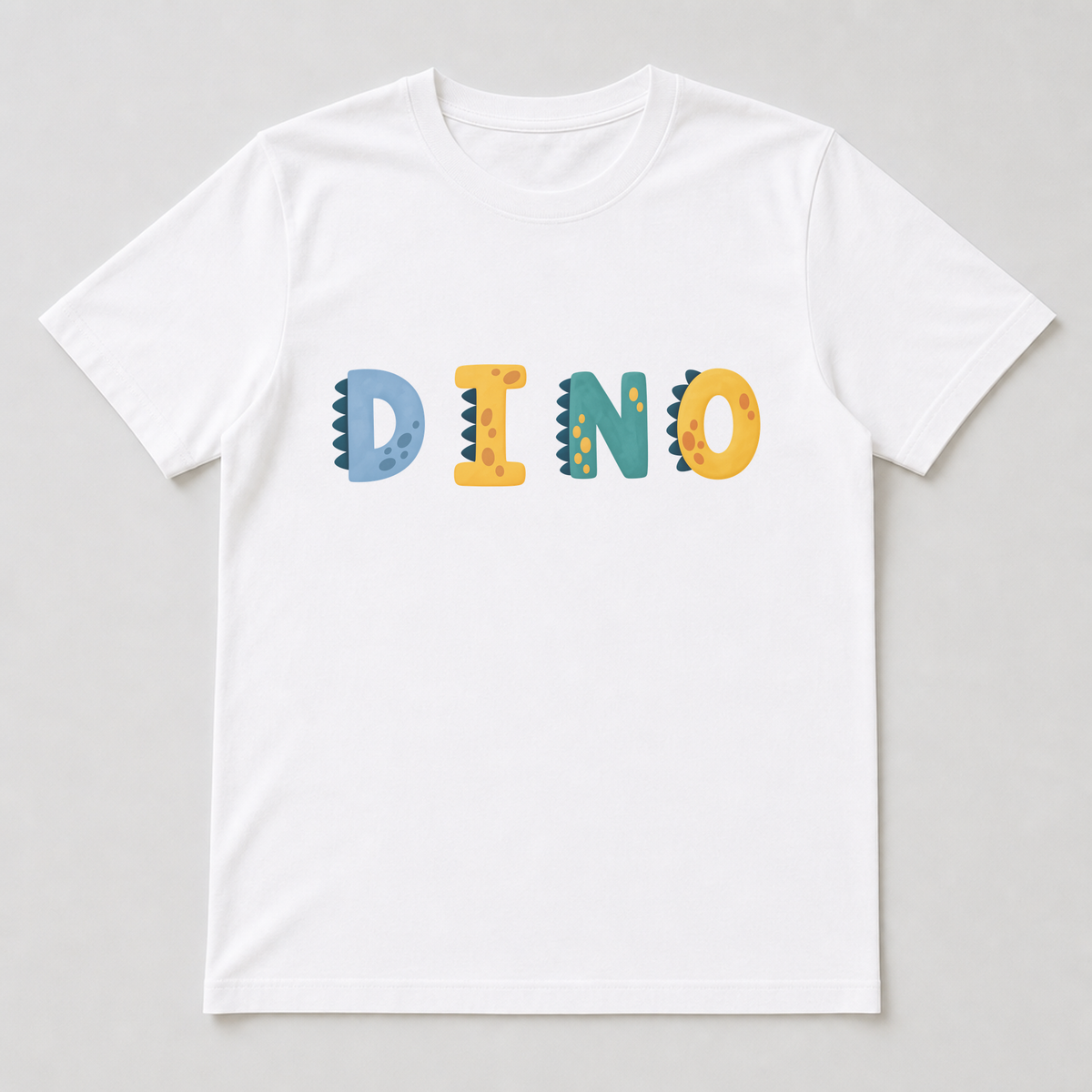 White t-shirt with a Dino Spikes letter printed on the front centre