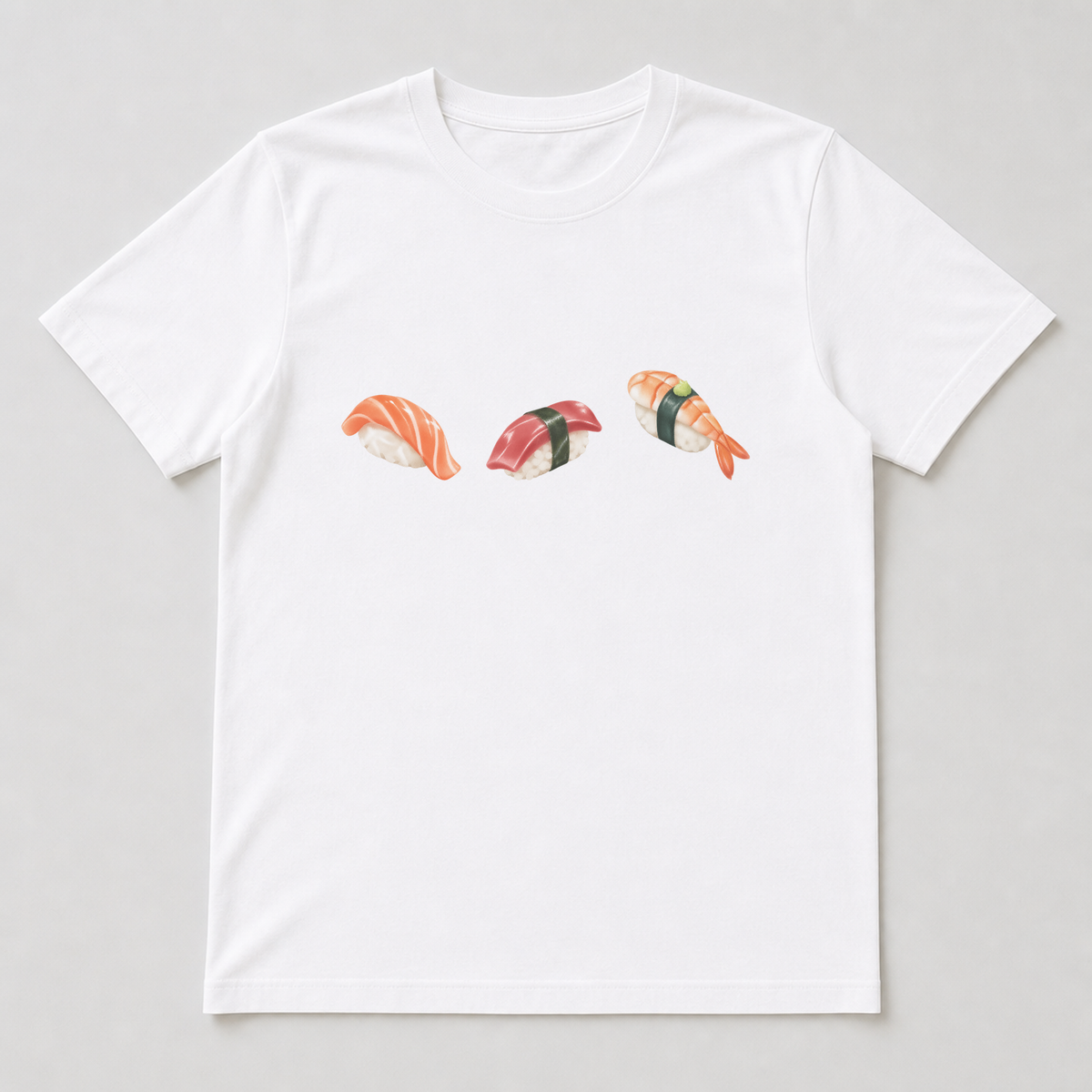 White T-shirt with a centred cluster of the sushi punctuation characters printed small on the front, showing flat colour blocks and rough paper texture.