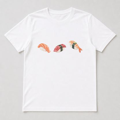 White T-shirt with a centred cluster of the sushi punctuation characters printed small on the front, showing flat colour blocks and rough paper texture.
