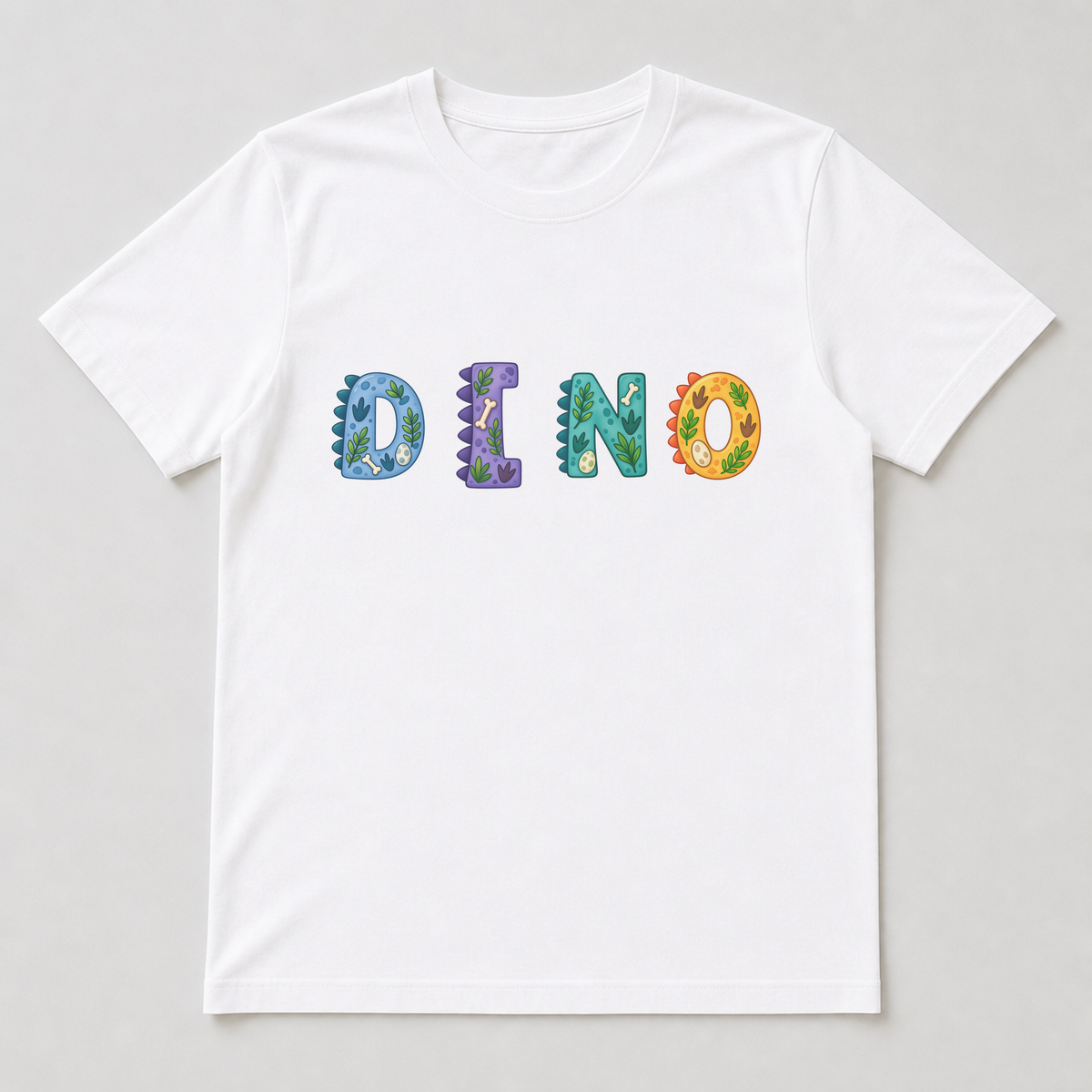 White t-shirt with a single capital dinosaur letter printed on the chest.