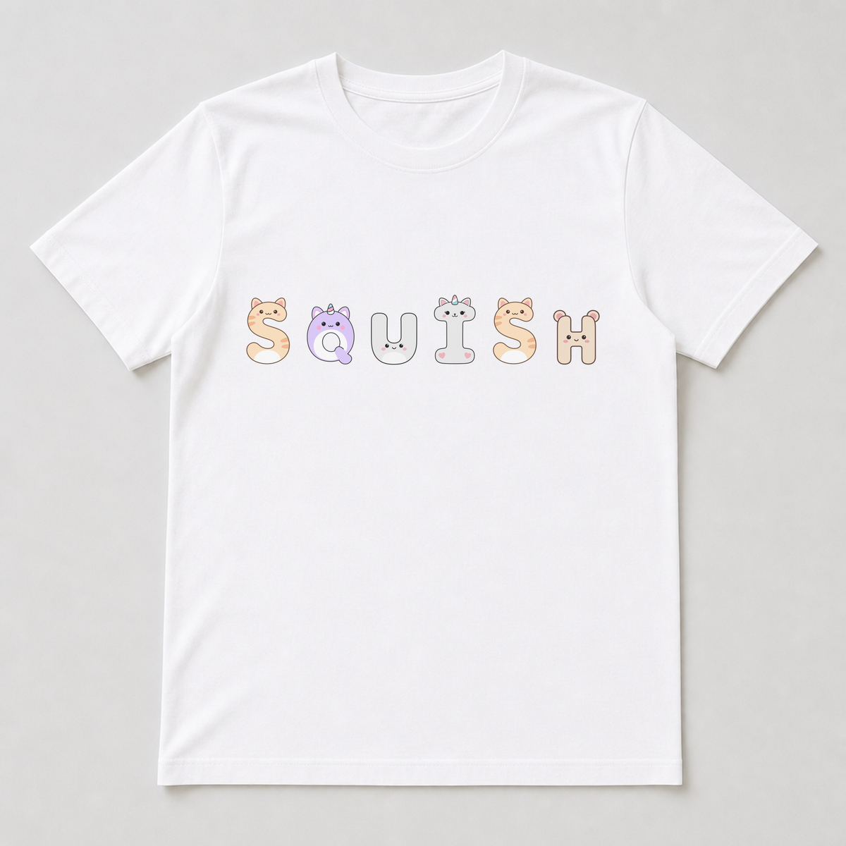 A white t-shirt with a smug-animal letter printed centre-front, displaying the tiny embroidered-style wink and freckles.