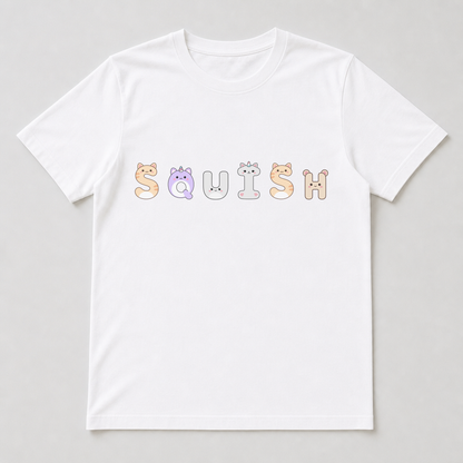 A white t-shirt with a smug-animal letter printed centre-front, displaying the tiny embroidered-style wink and freckles.