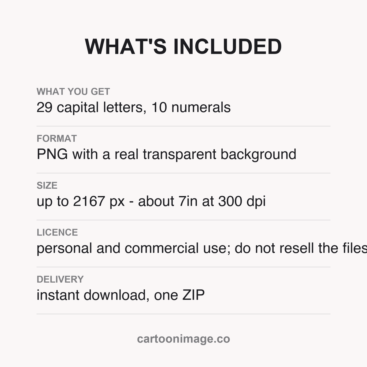 Card listing the pack contents and file details: 26 capital letters, 10 numerals, 3 punctuation marks supplied as PNG files in one ZIP.