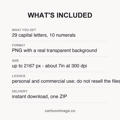 Card listing the pack contents and file details: 26 capital letters, 10 numerals, 3 punctuation marks supplied as PNG files in one ZIP.