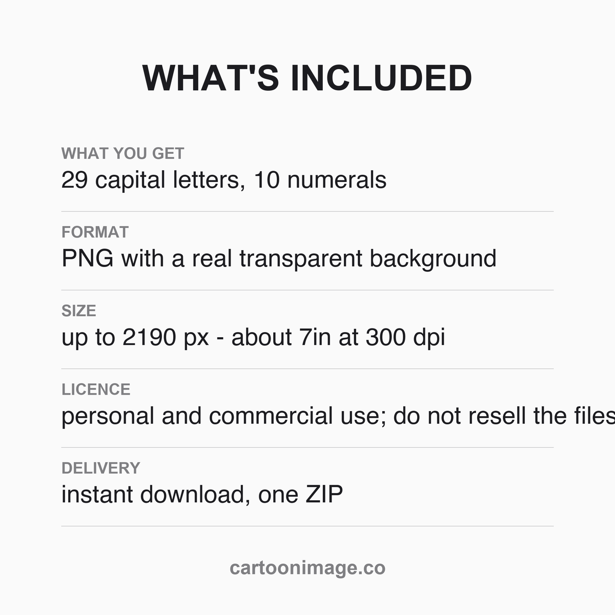 Card listing the pack contents: 26 capital letters, 10 numerals, 3 punctuation marks and delivery/licence details