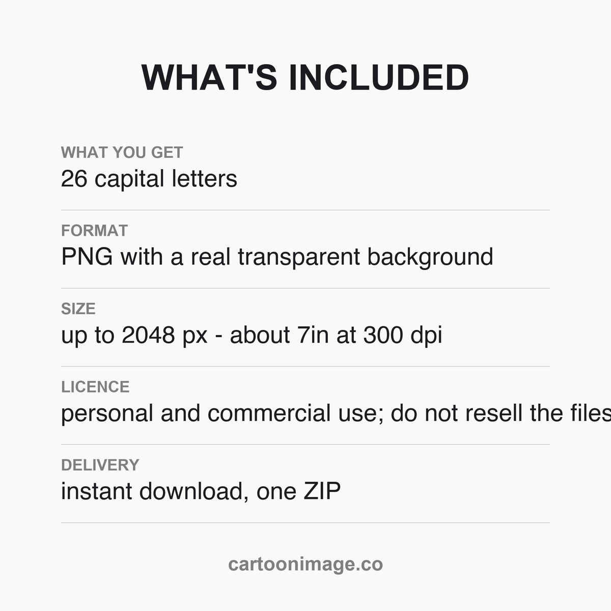 Card listing the pack contents: 26 PNG files, largest edge about 2048 px, one ZIP, instant download and licence notes.