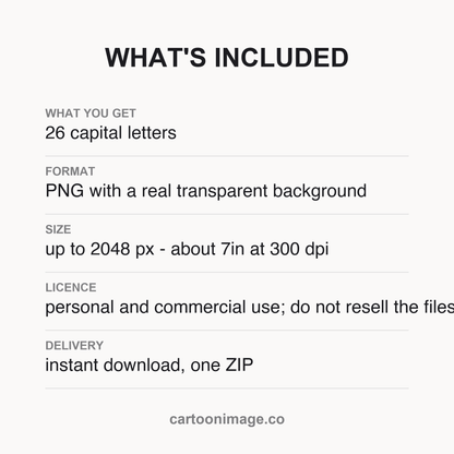 Card listing the pack contents: 26 PNG files, largest edge about 2048 px, one ZIP, instant download and licence notes.
