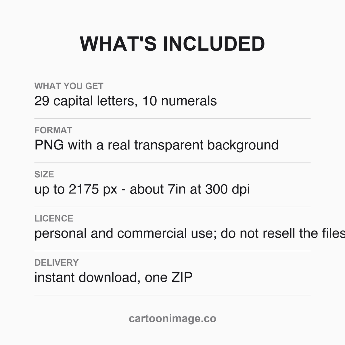 A card listing the pack contents — 26 capital letters, 10 numerals and 3 punctuation marks — shown with visual examples on a plain background.