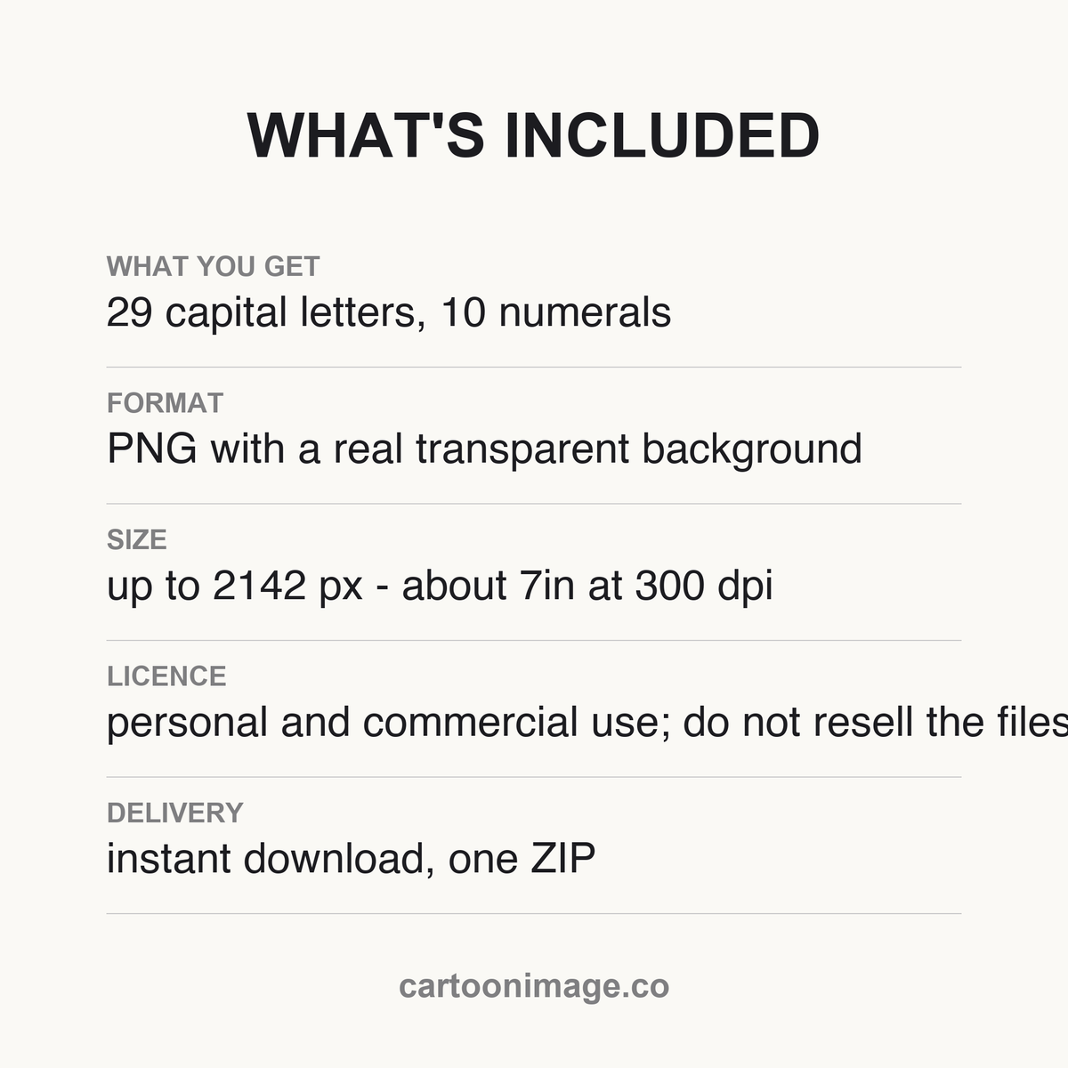 Card listing pack contents: 26 capital letters, 10 numerals, 3 punctuation marks; 39 PNGs, transparent backgrounds, ~2142 px; instant ZIP download and licence terms