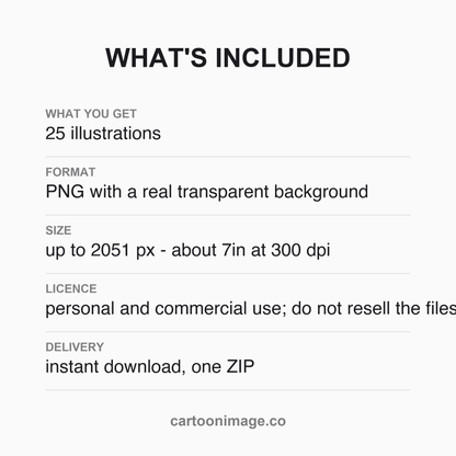 A flat card listing the pack contents: 25 punctuation PNG files with transparent backgrounds, largest edge about 2051 px, instant ZIP download and licence notes.