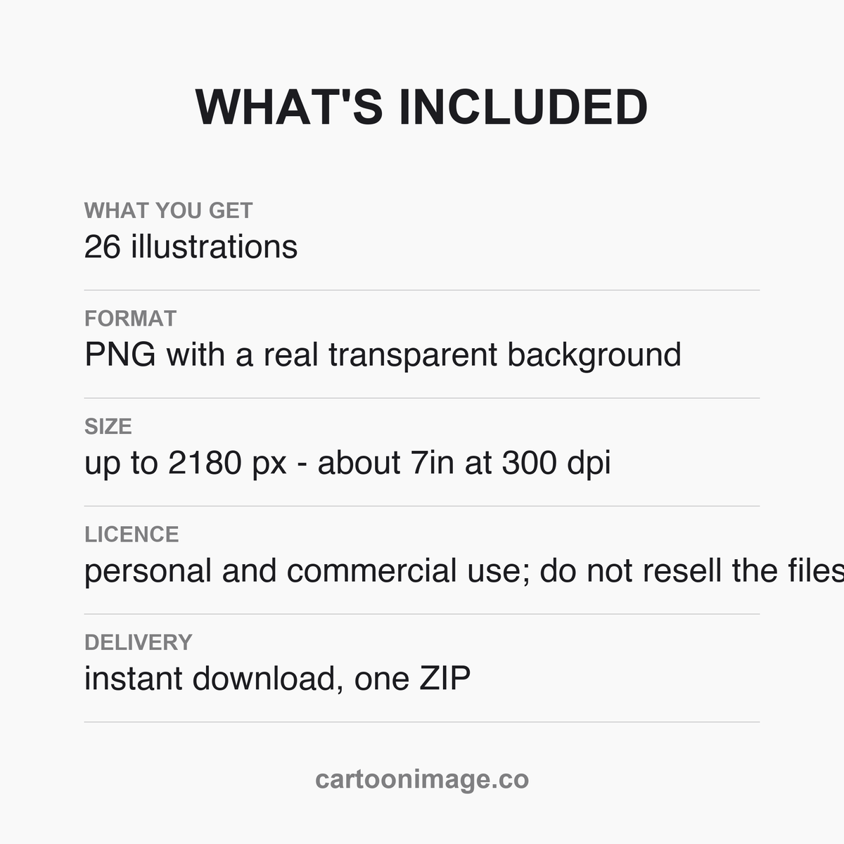 A card listing the pack contents: 13 capital letters, 13 punctuation marks, PNG files with transparent backgrounds and delivery as one ZIP.