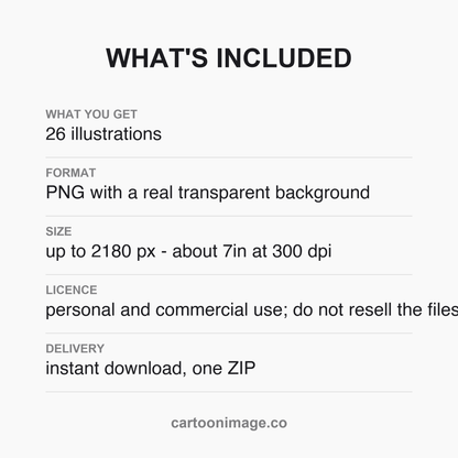 A card listing the pack contents: 13 capital letters, 13 punctuation marks, PNG files with transparent backgrounds and delivery as one ZIP.